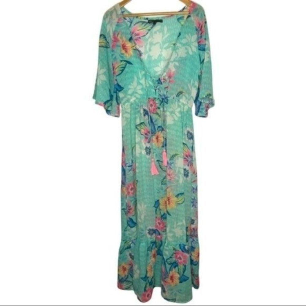 America & Beyond Teal Maxi Sheer Cover Up Dress Women's size Large